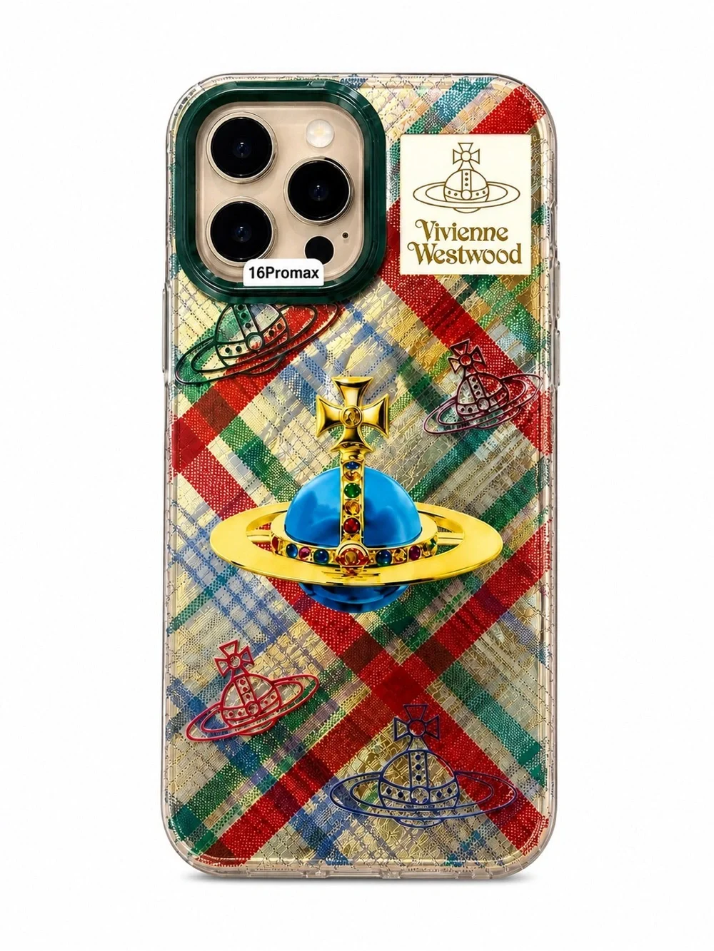 Vivienne Westwood Multicolor Plaid iPhone Case with Gold & Blue Orb Accent
